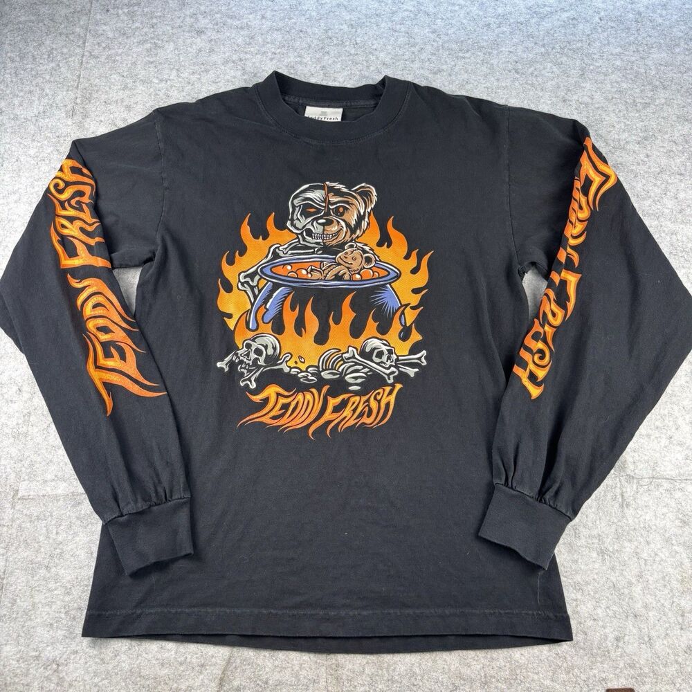 Teddy Fresh Black Flame Bear Graphic Long Sleeve Tee T-Shirt Unisex Adult XS USA